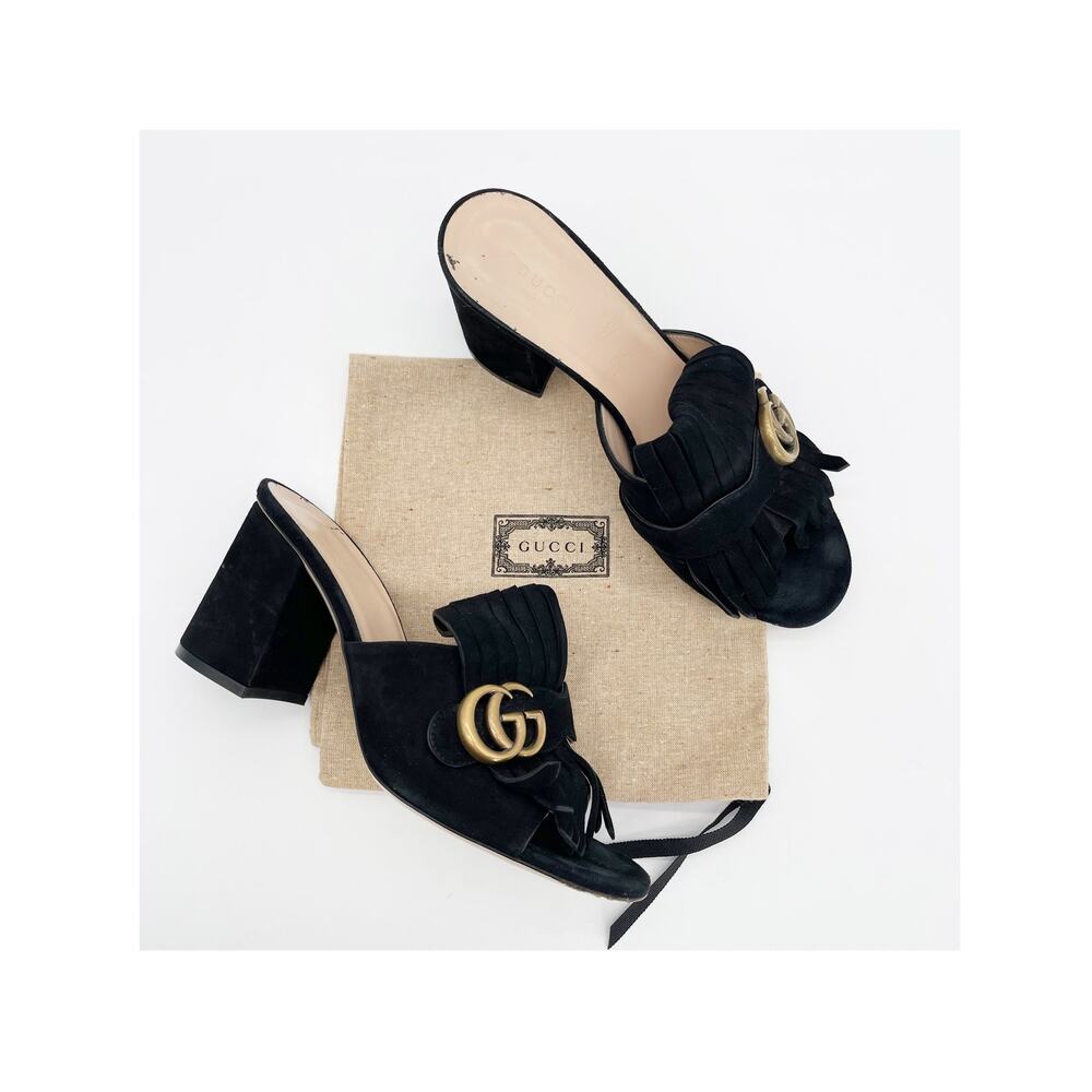 Gucci Marmont Black Suede Kiltie Fringe Block Heel Mules Sandals Slides EU 40